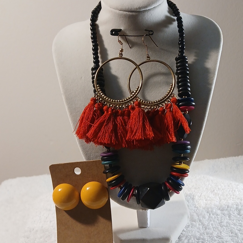 Handcrafted Red Tassel Hoop Earrings with Multicolor Beaded Necklace Set